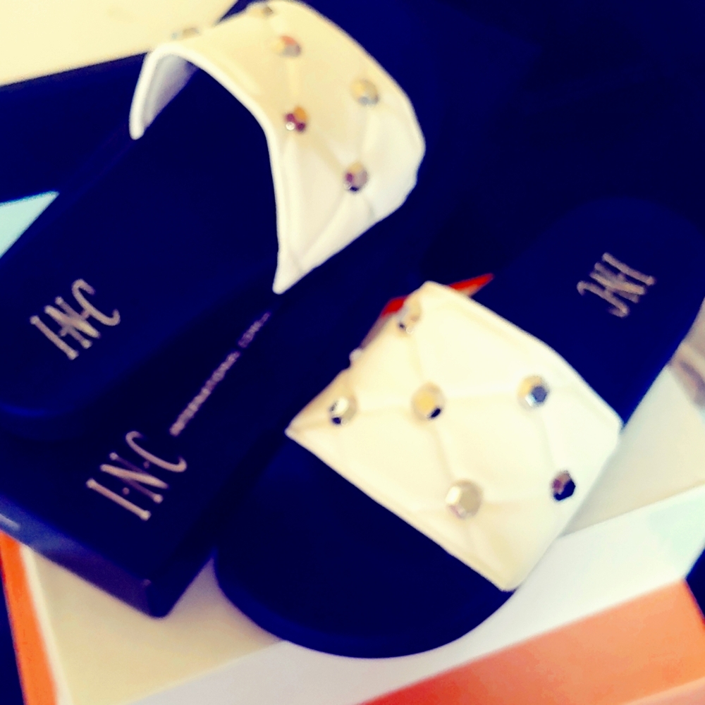 INC WHITE STUDDED SLIDES